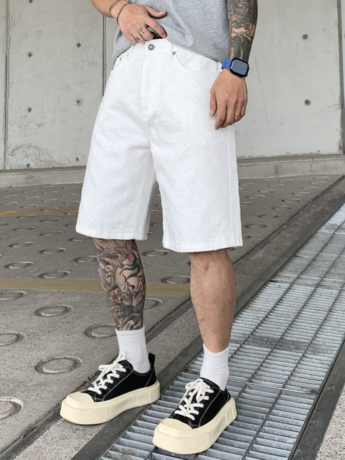 Jacquard Full Print Denim Lightweight Straight-fit Five Points Shorts