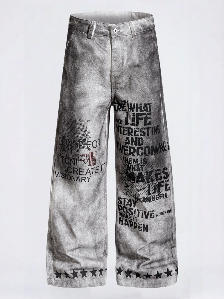 Post-apocalyptic Heavy Industry Distressed Wide-leg Punk Letter Printed Straight-fit Cargo Trousers