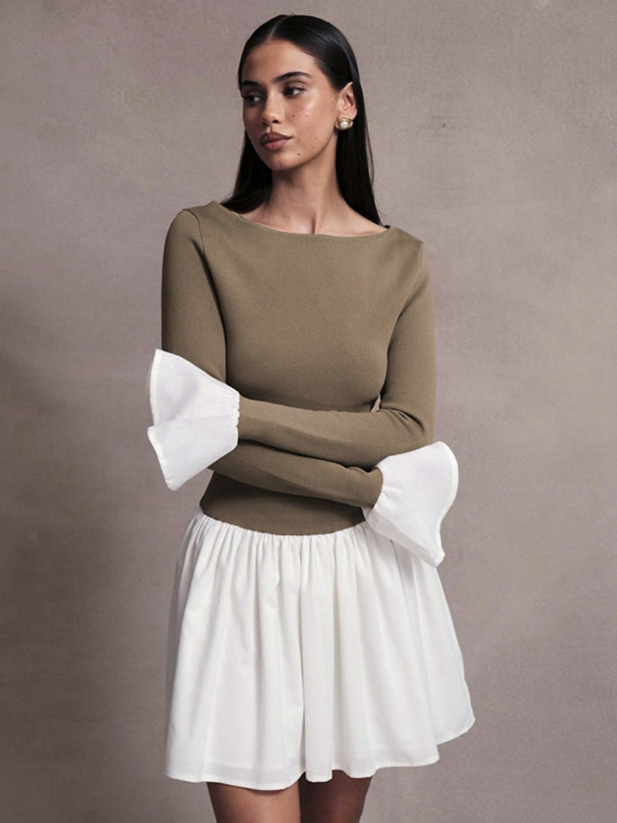 Long Sleeves Contrasting Colors Splicing Ruffled Short Dress