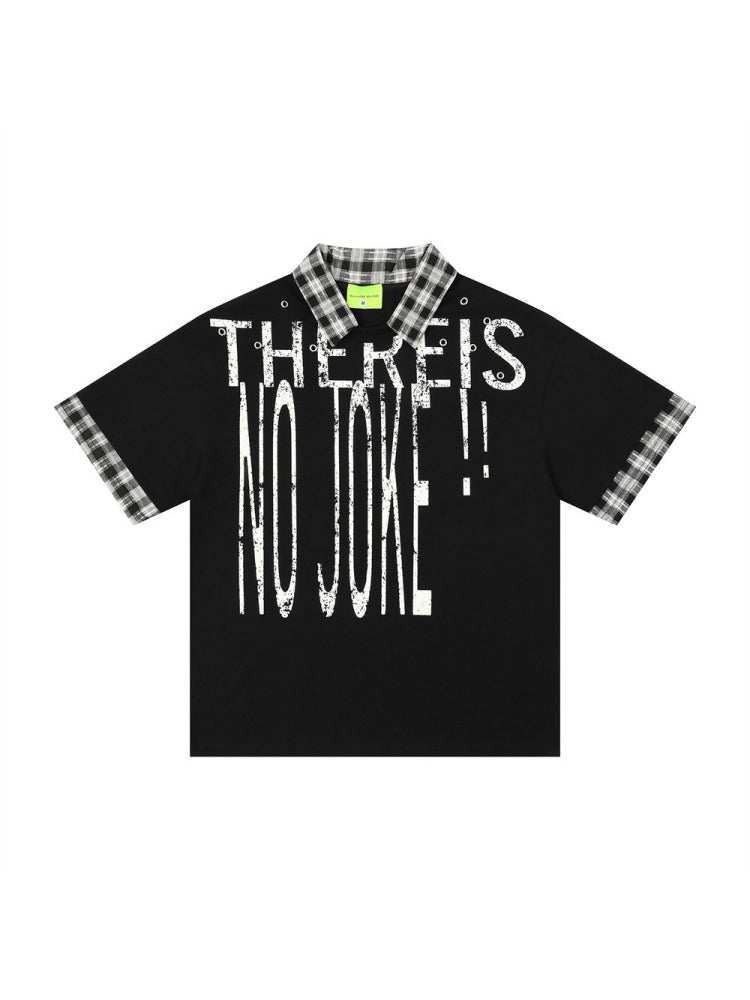 Graffiti Letter Layered-look Patchwork Plaid Polo Shirt