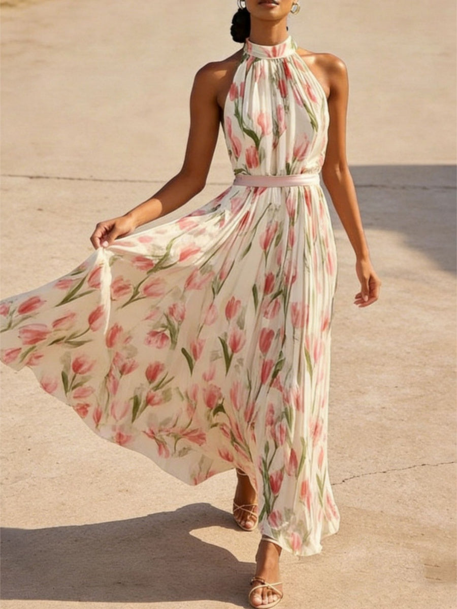 Elegant Maxi Dress With Halter Neck And Floral Print, European And American Vacation Style.