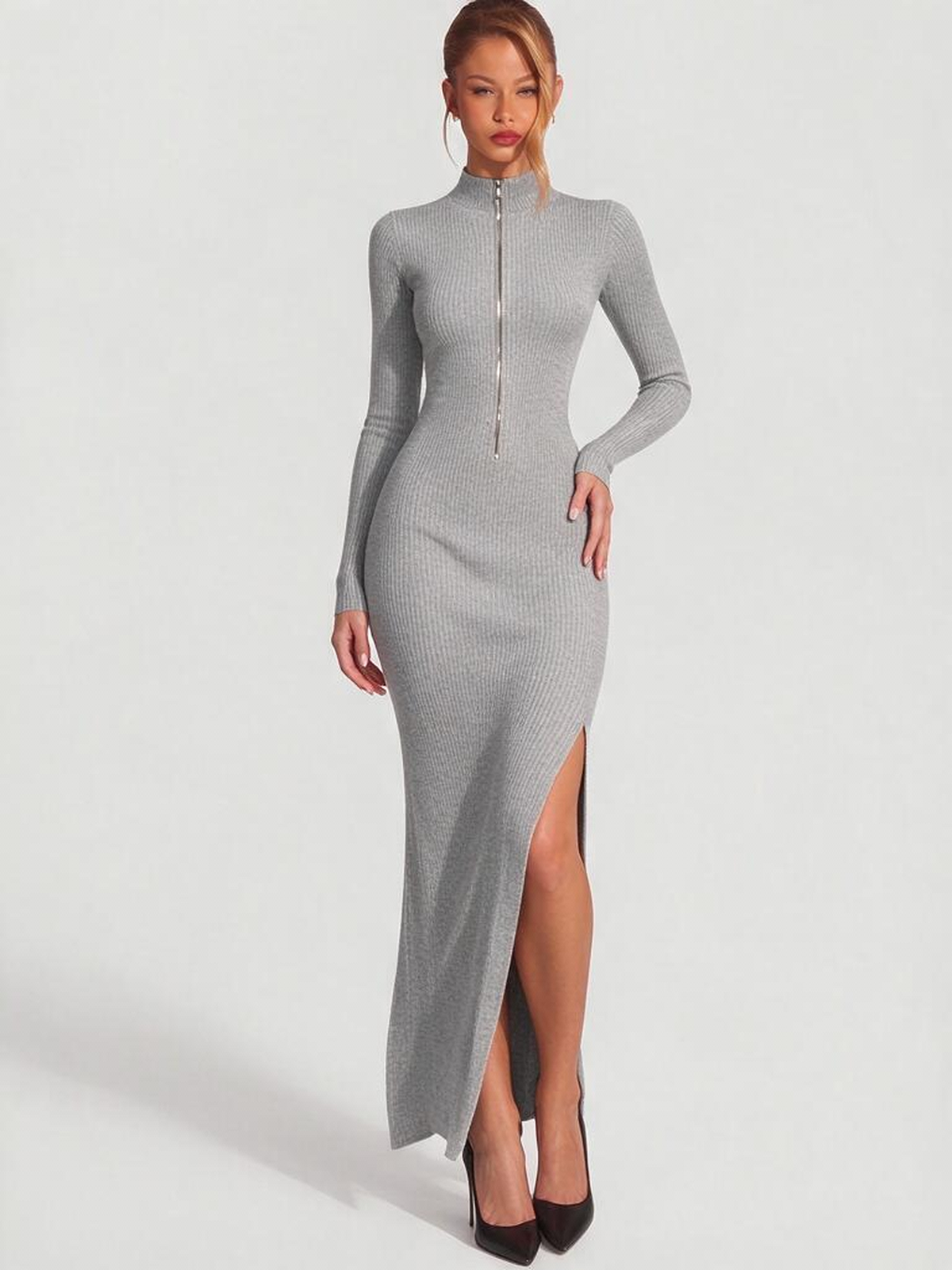 Half-zip Stand Collar Long-sleeved Ribbed Stretch Side Slit Slim-fit Long Dress