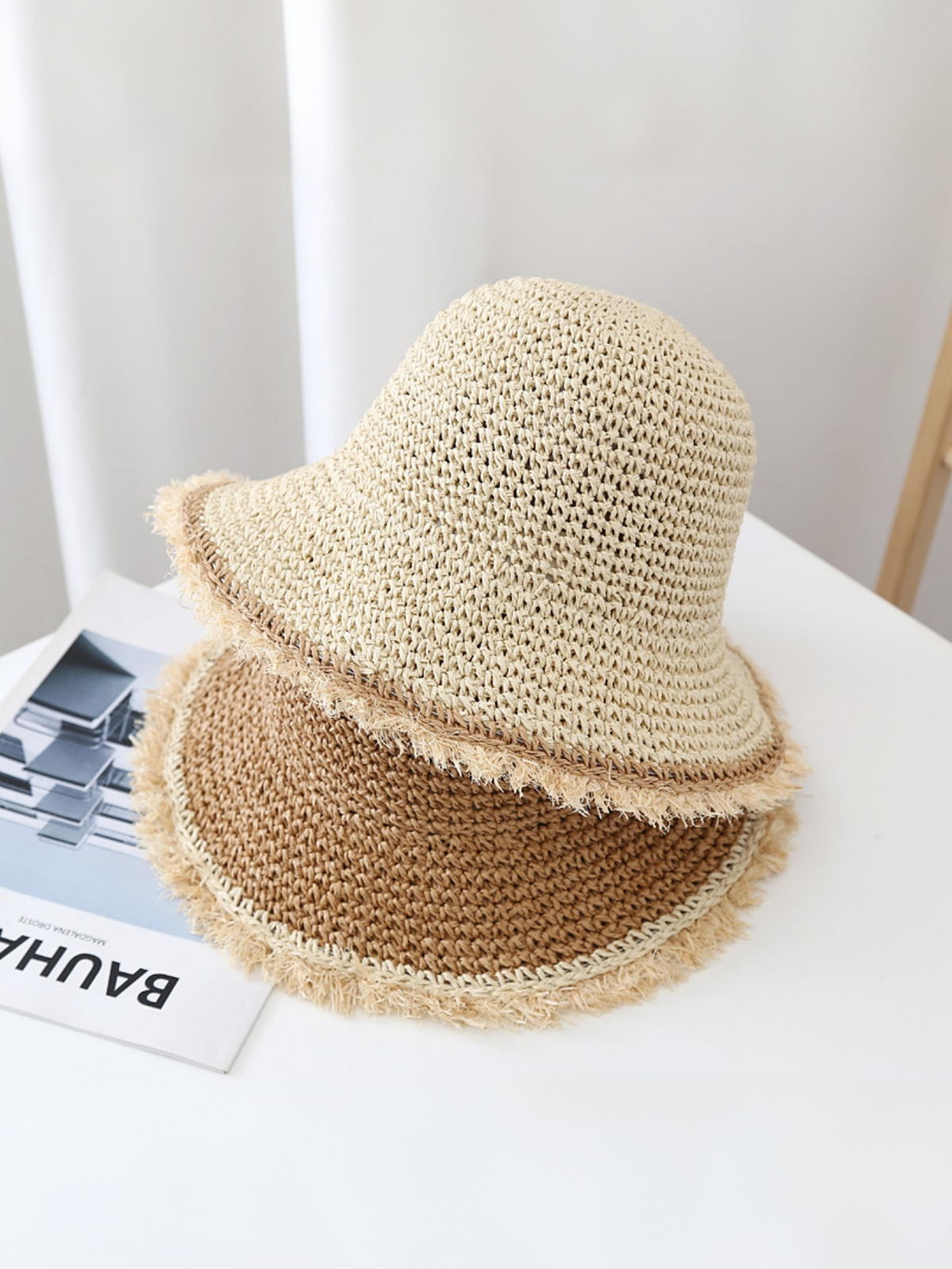 Wide-brimmed, Frayed Woven Straw Hat
