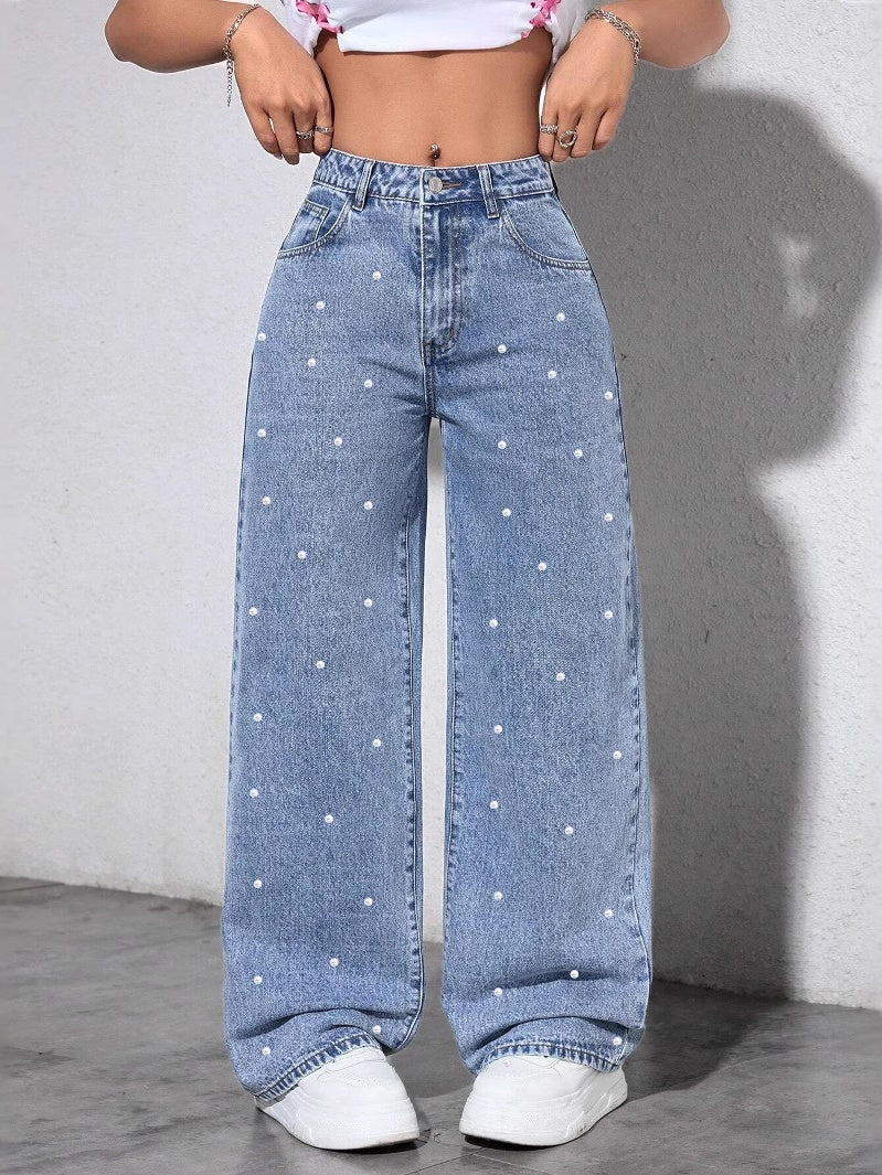 Women's Autumn/Winter Pearl-Embellished Wide-Leg Jeans