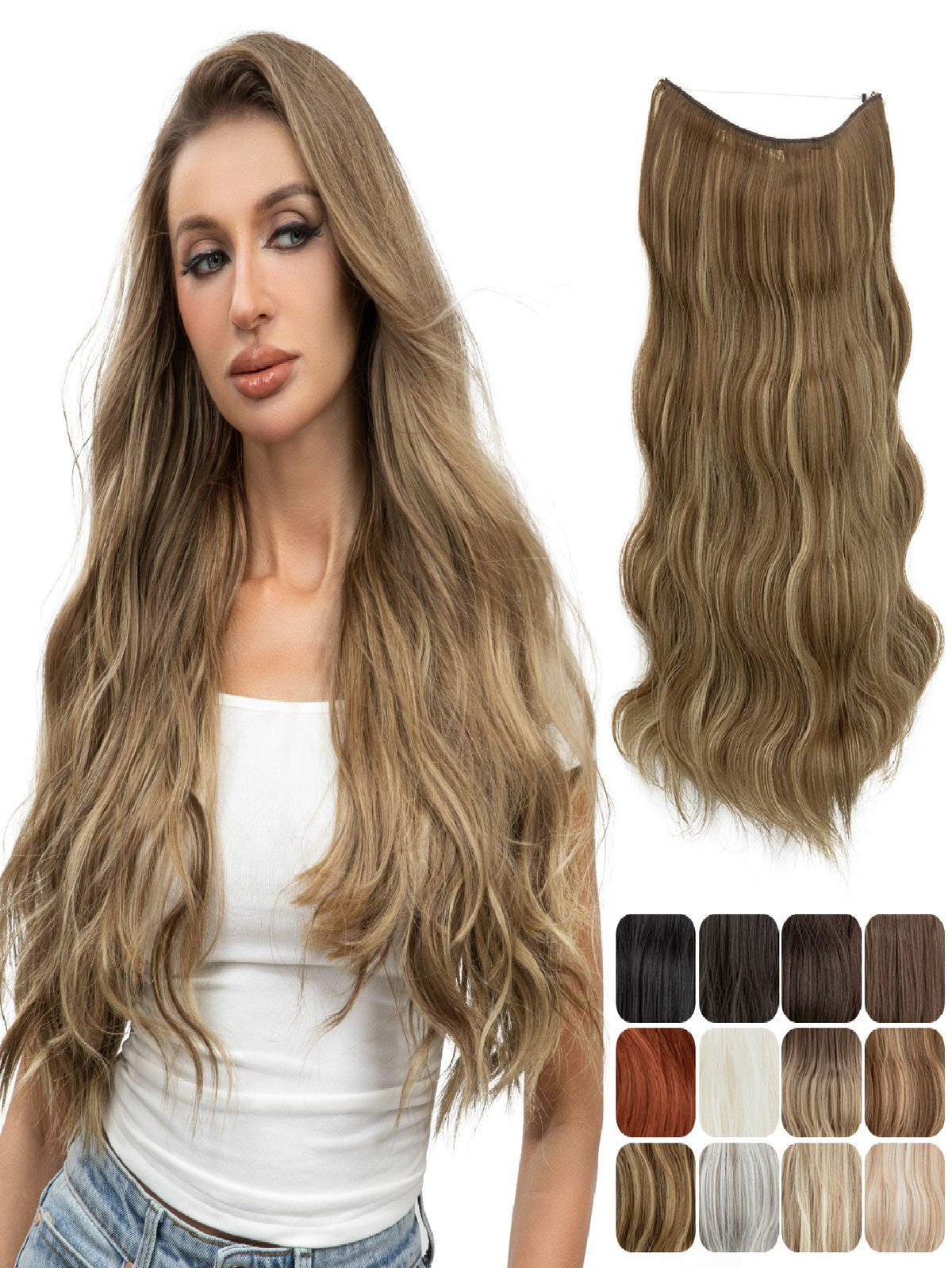 One-piece Hairpiece, Long Wavy Curls, Seamless Synthetic Fiber Wig