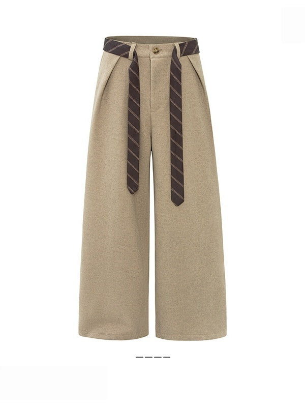 Contrasting Colors Tie Woolen Cloth Loose Pleated Baggy Pants