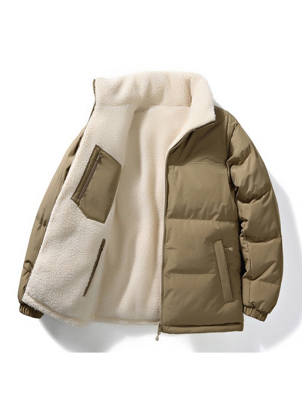 Stand Collar Color-blocked Reversible Lamb Wool Jackets