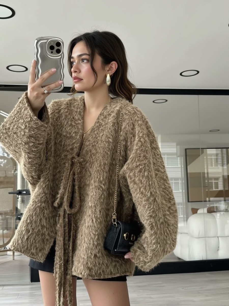 Loose V-neck tie knit cardigan