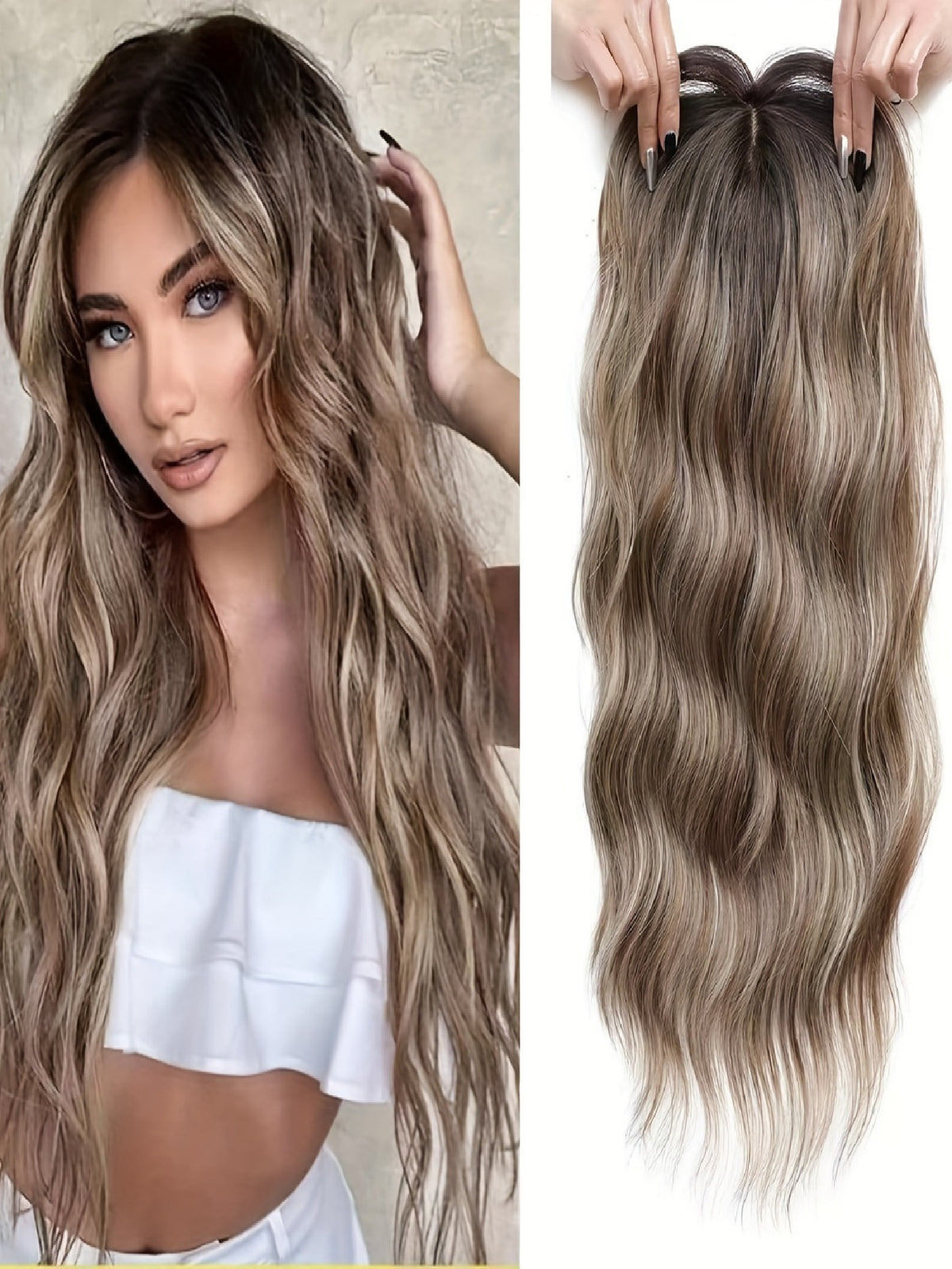 Invisible, Seamless, Long, Curly Wig With White Hair Covering