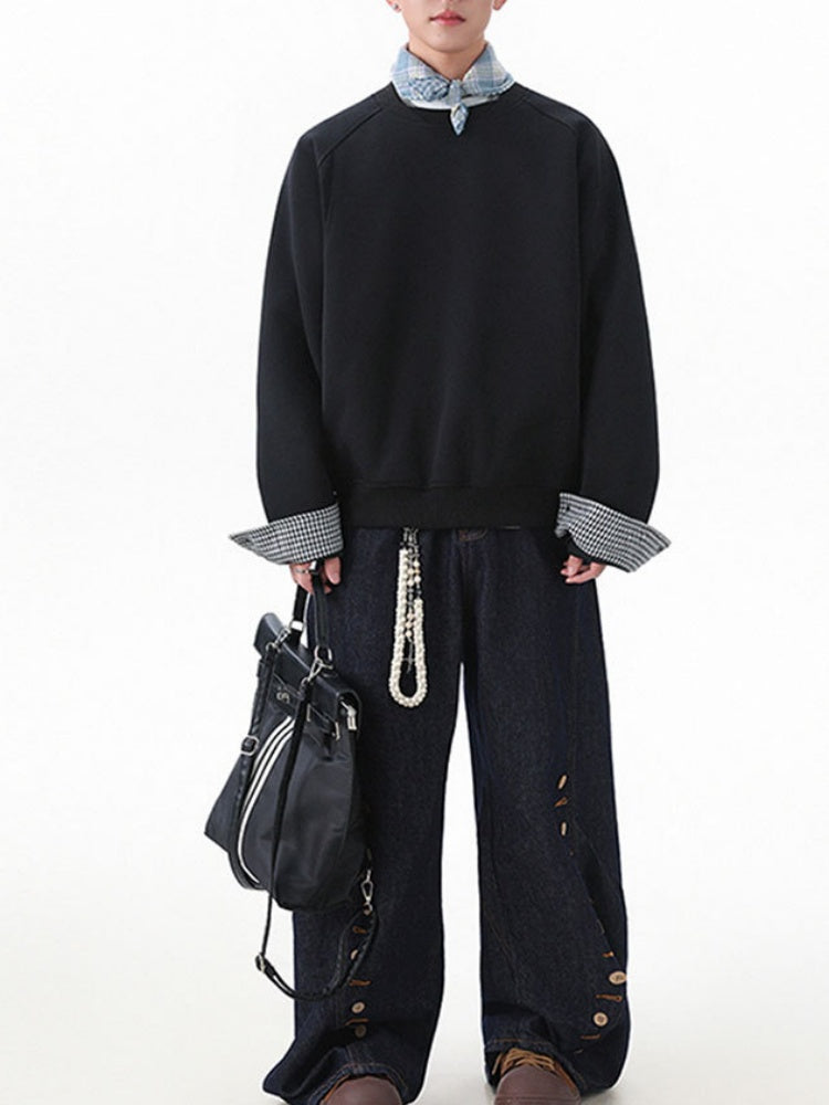 Plaid-Panel Clean-Fit Boxy Crew-Neck Sweatshirt