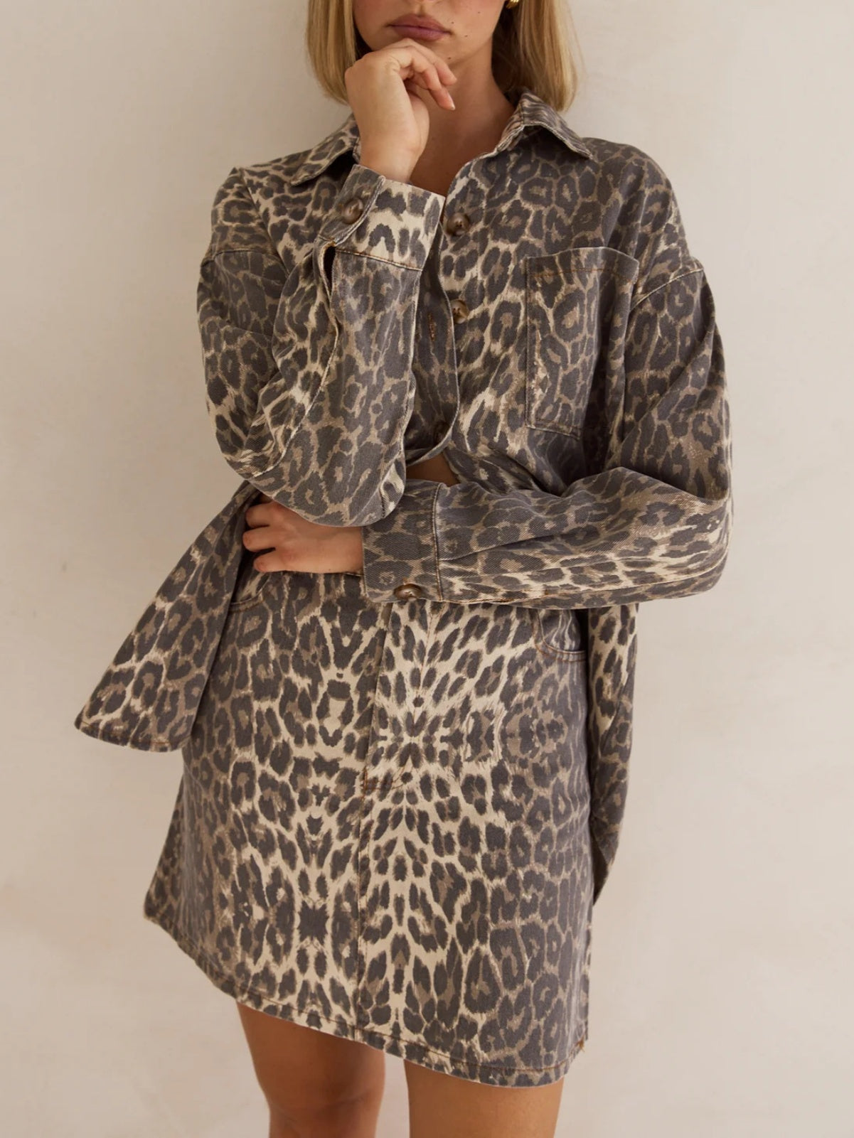 Leopard Print Lapel Retro Pocket Denim 2-piece Sets