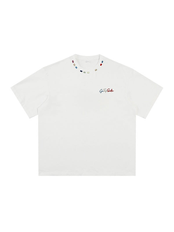 Color-blocked Colorful Embroidery Loose-fit T-shirts