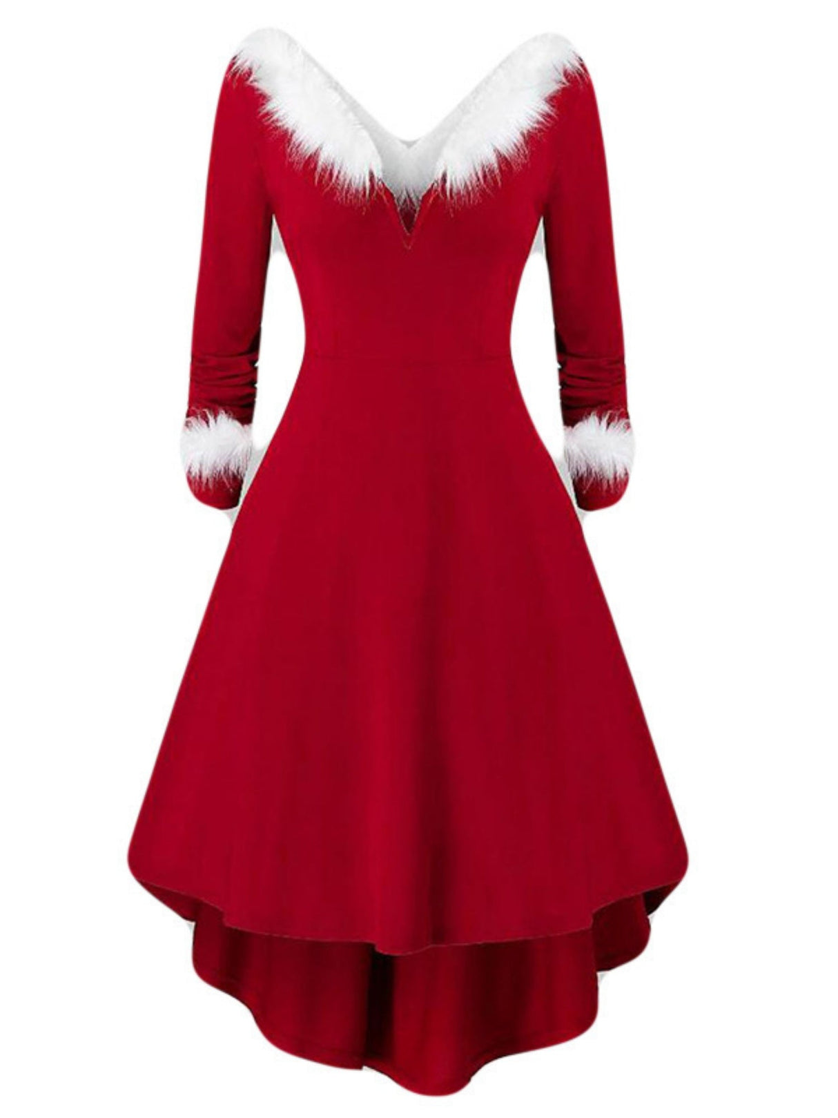 Christmas Plush Splicing V-neck Large Skirt Long Sleeves Midi Dresses