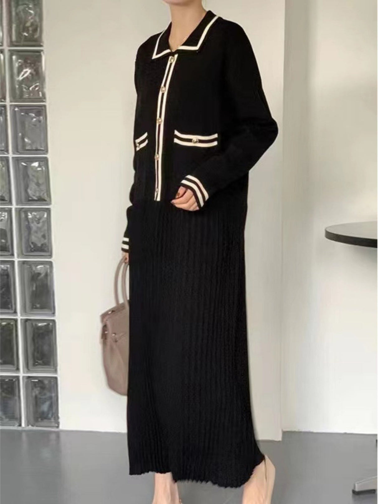 Lapel Contrasting Trim Elegant Chanel Style Pleated Loose Long Knitted Dress