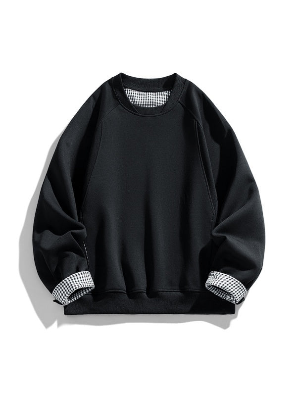 Plaid-Panel Clean-Fit Boxy Crew-Neck Sweatshirt
