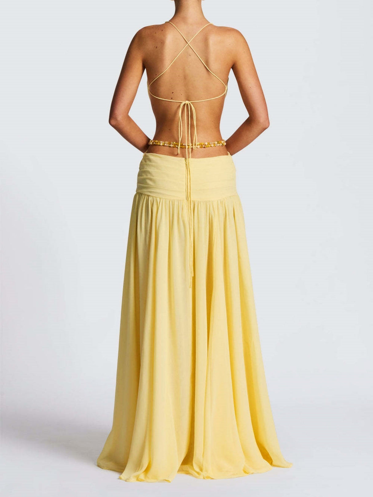 Halter Neck Deep V Lace-up Backless Sexy High Slit Metal Decoration Maxi Dresses