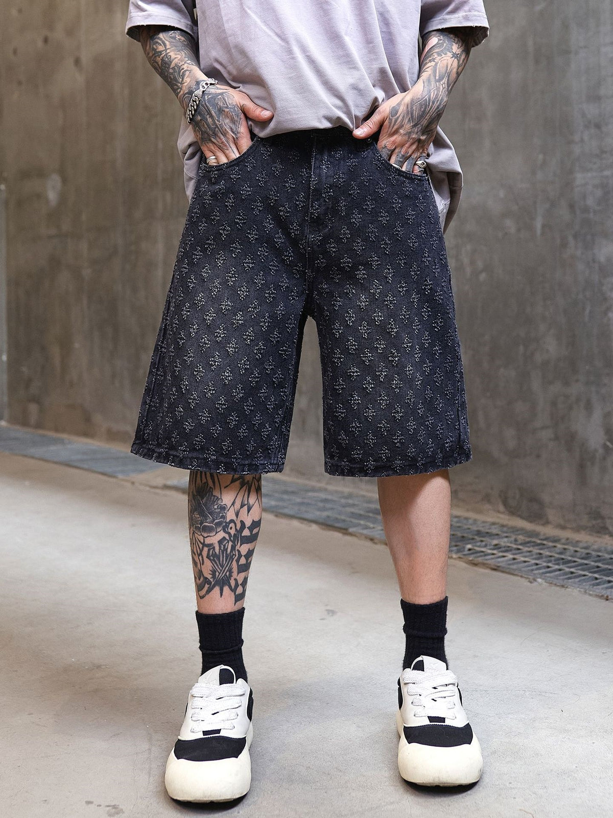 Jacquard Full Print Denim Lightweight Straight-fit Five Points Shorts