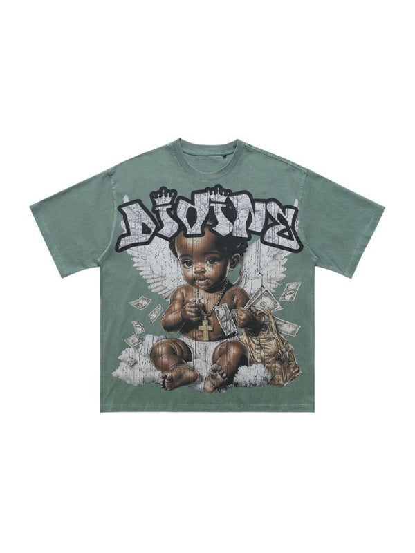 Washing Water Retro Angel Child Printed Loose-fit T-shirts