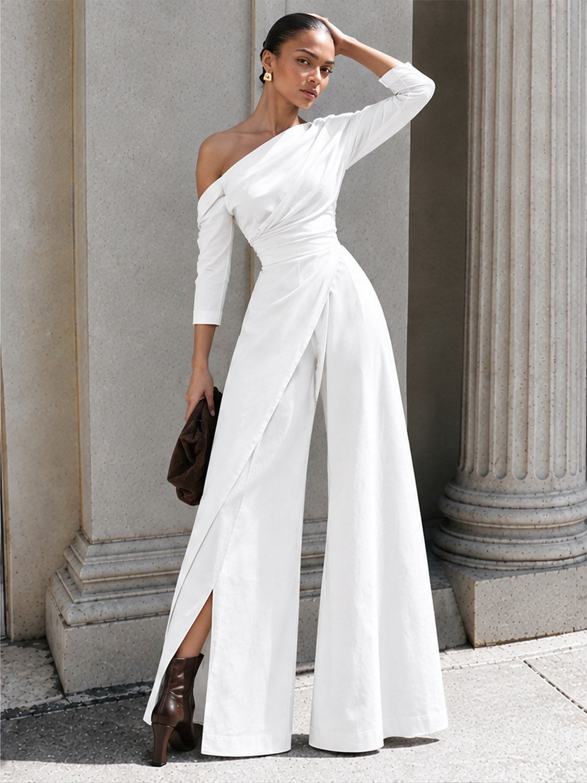 Sloping Shoulders Asymmetrical High Waist Slit Jumpsuits