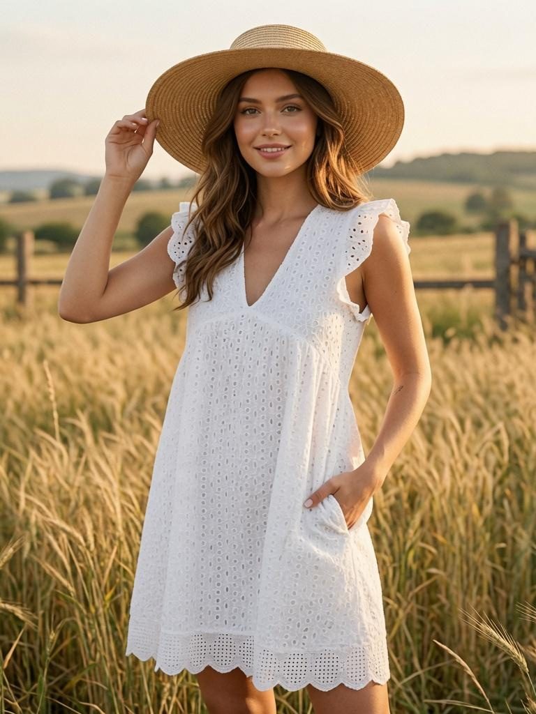 Lace Jacquard Openwork V-neck With Ruffles Solid Color Mini&Short Dresses