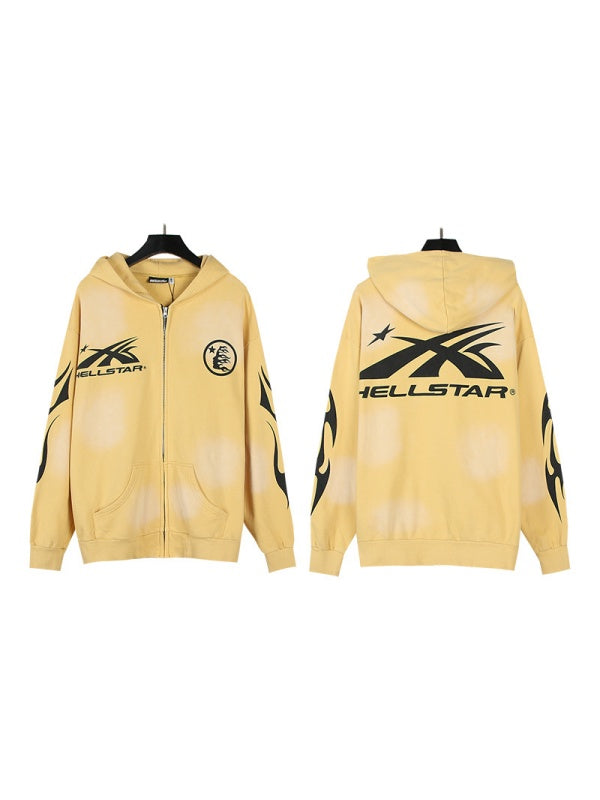 Washing Water Old Printed Zipper Hood Sweatshirt Trousers Set