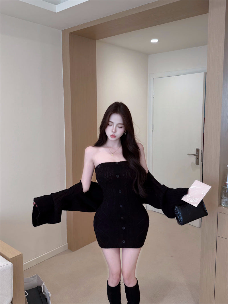 Knitted Elegant Fashion Set: Long-sleeved, Waist-cinching Sweater And Strapless Dress Two-Piece Set