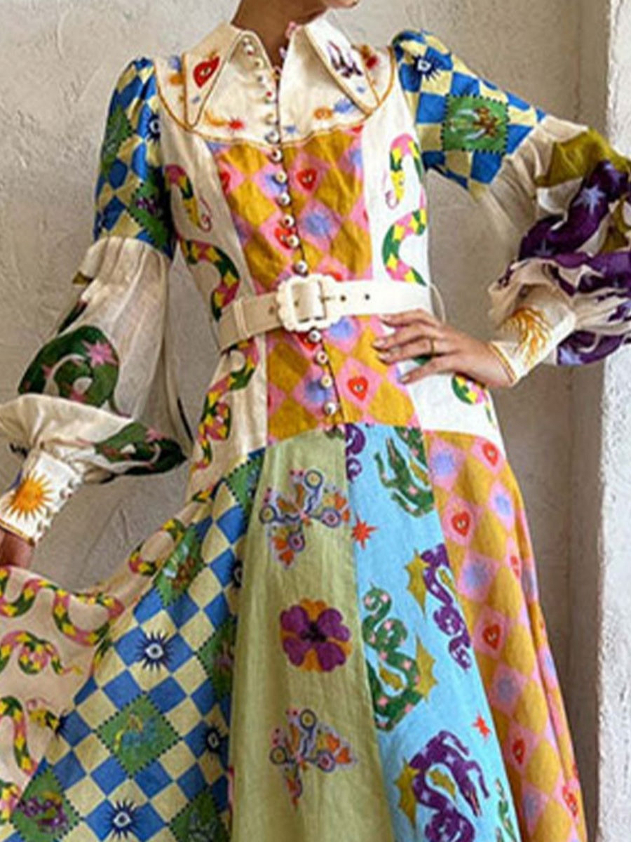 Botanical Floral Prints Balloon Sleeve Lapel Waist Long Sleeve Maxi Dresses