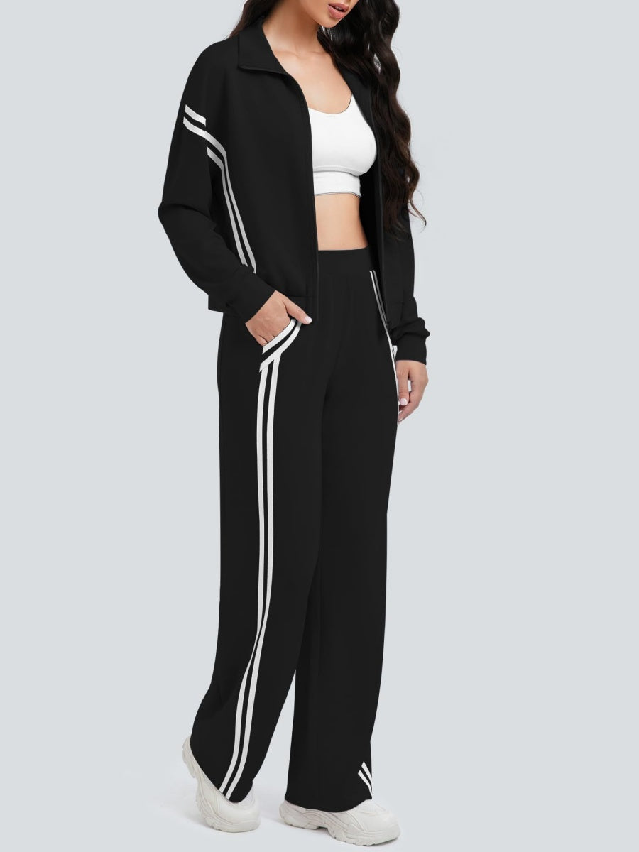 Sports Casual Suit Zipper Contrasting Colors Sweatshirts Wide-leg Pants 2-piece Sets