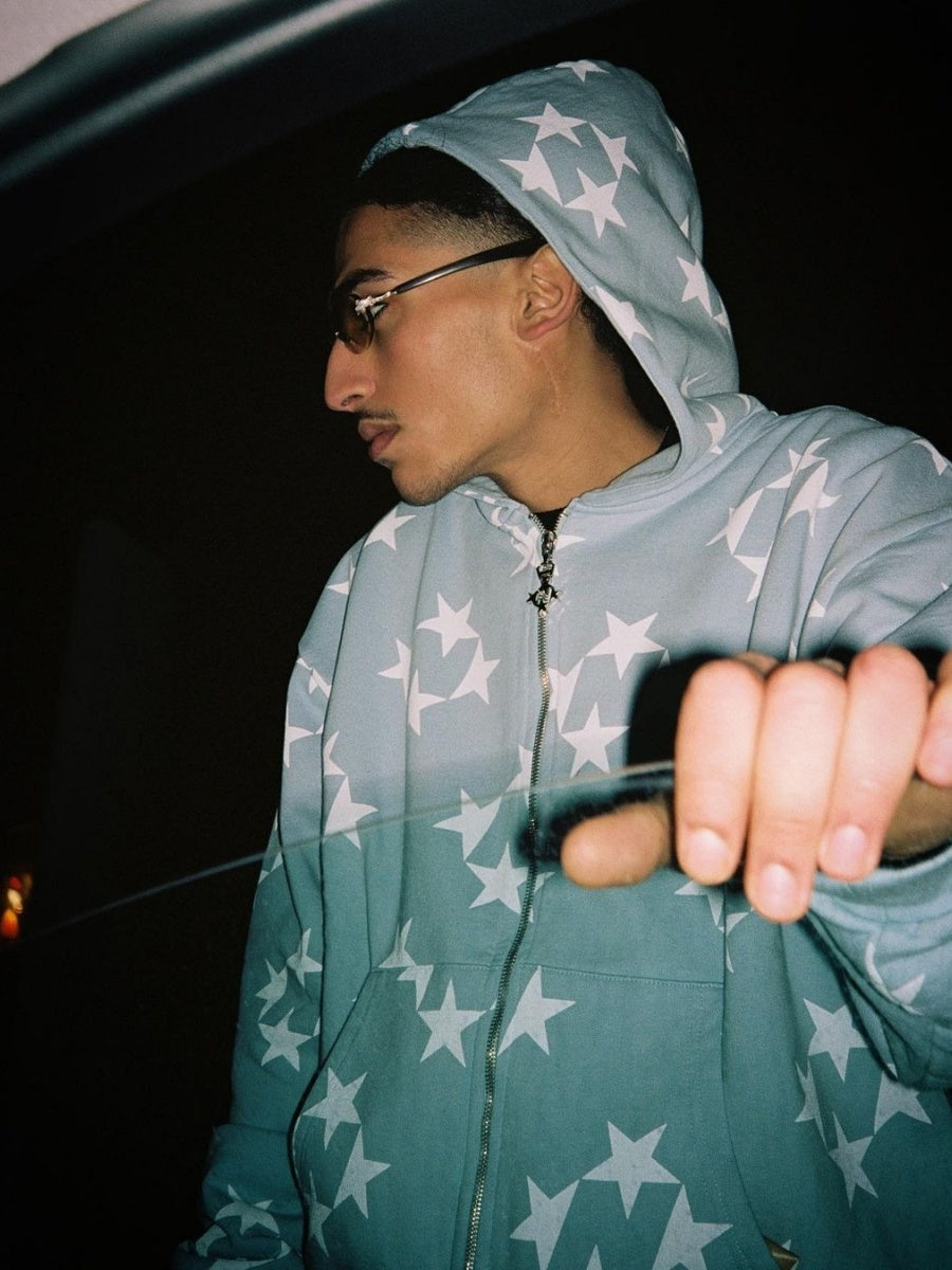 Old Star Print Zippered Loose Hooded Sweatshirt