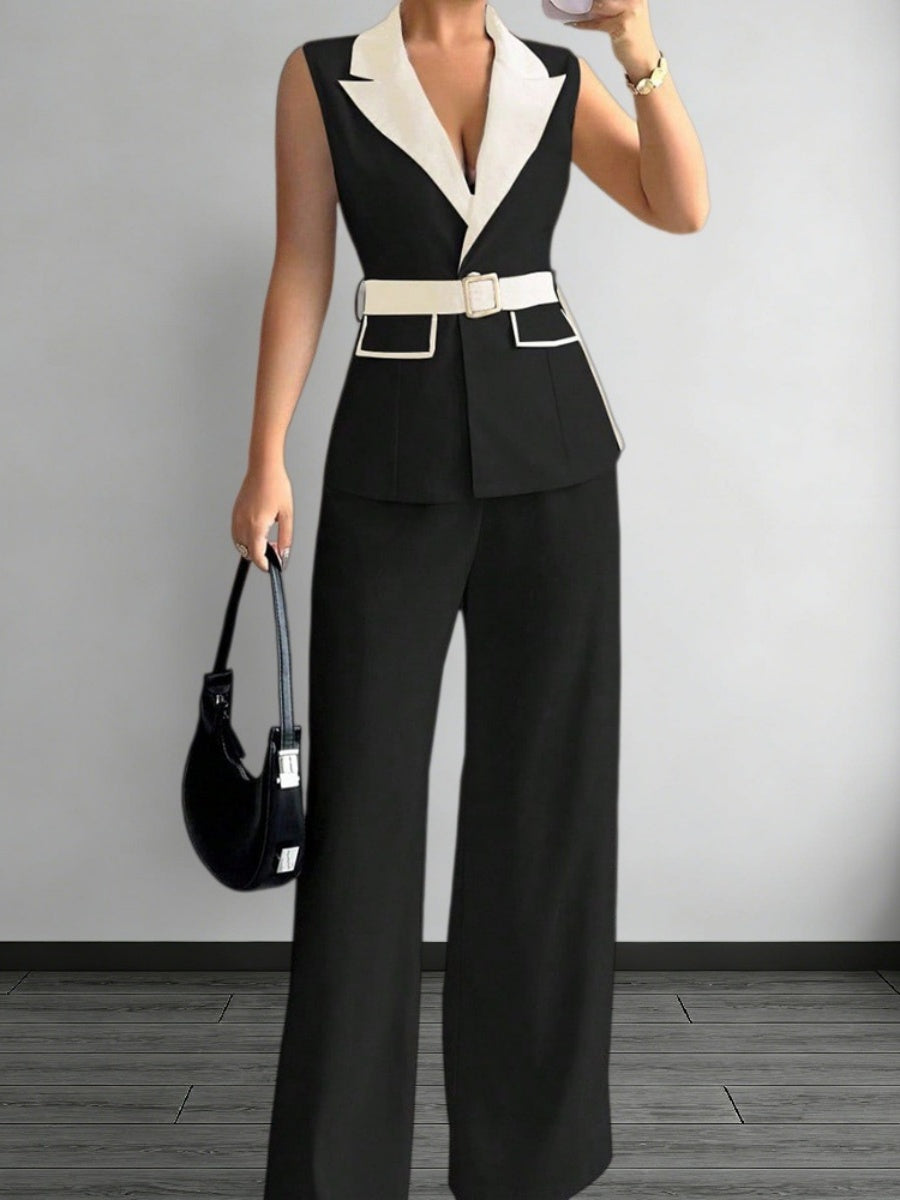 Straight-leg Trousers And Color-blocked Vest Two-piece Set