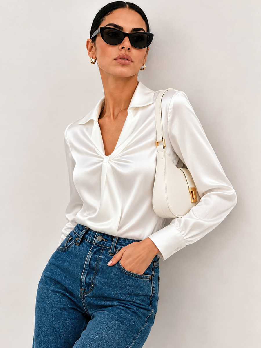 Solid Color Satin Pleated Long Sleeve Blouse&Shirts