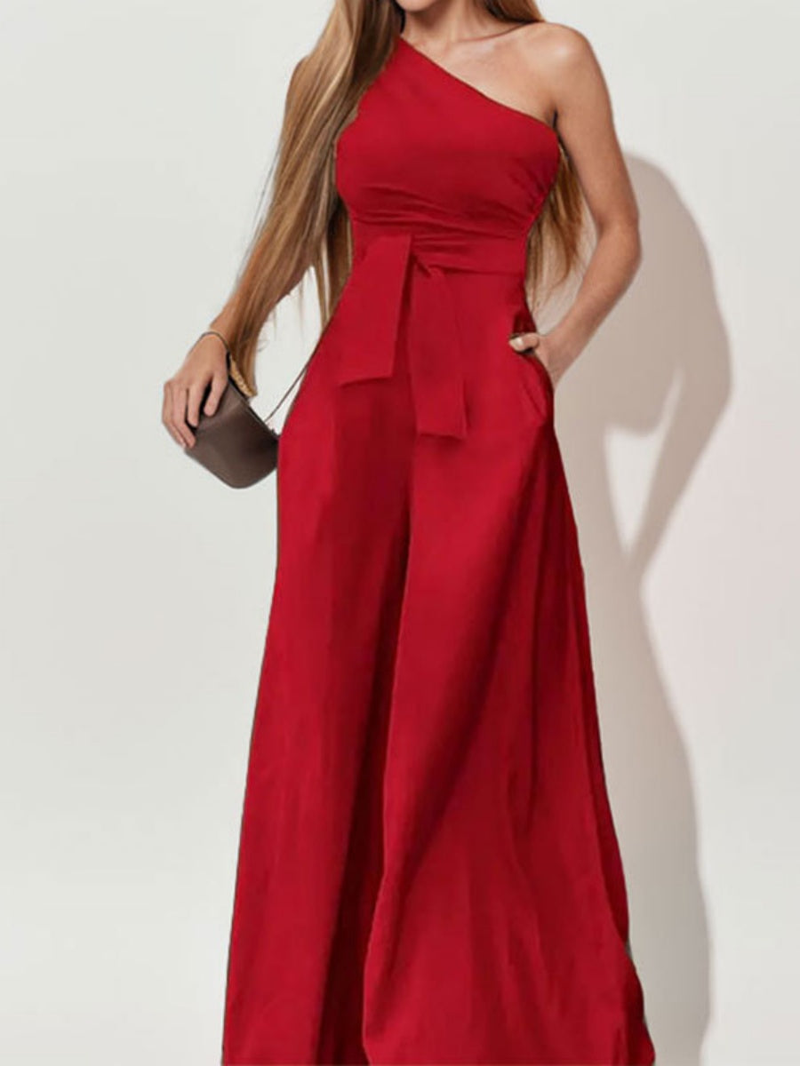 One Shoulder High Waist Lace Up Wide Leg Jumpsuits