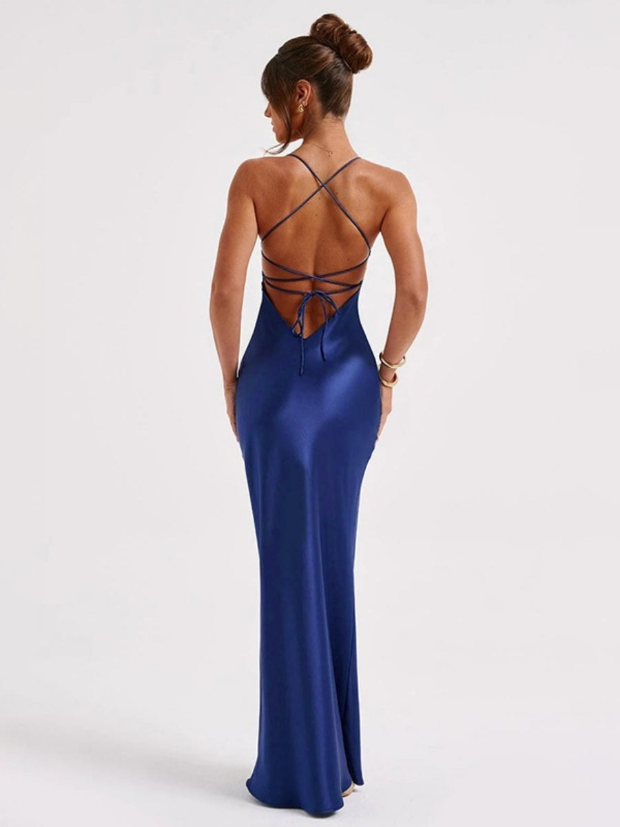 Robe longue dos nu à fines bretelles et liens