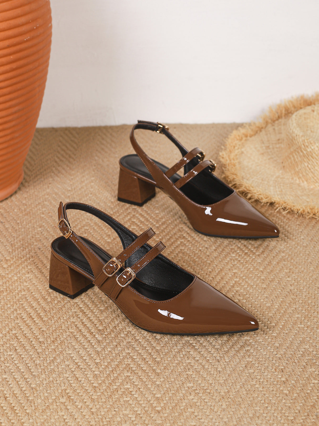 Metal Buckle Pointed Toe Open Back Chunky Heel Mary Jane Shoes