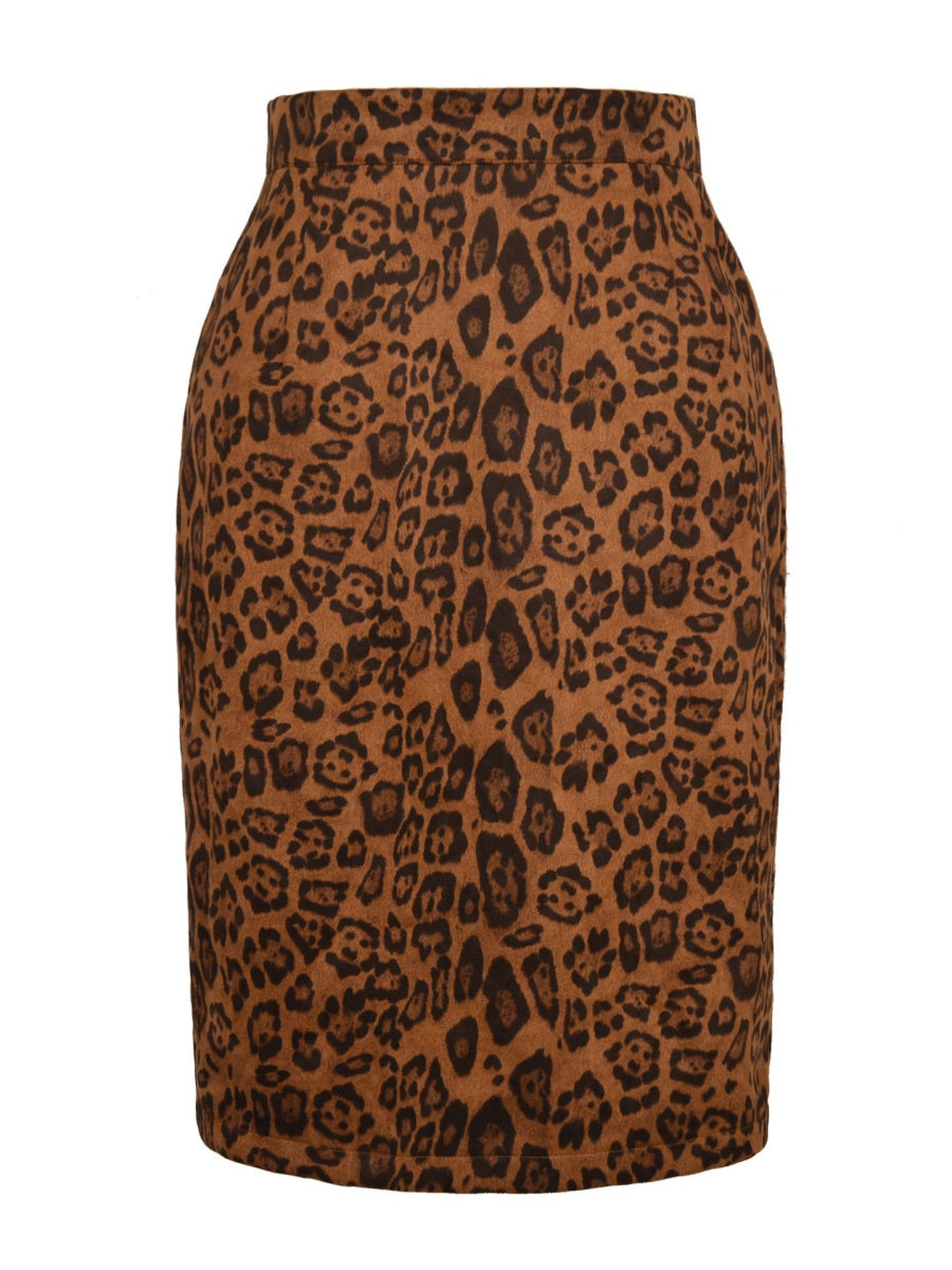Leopard Suede Zipper High Waist Skirts