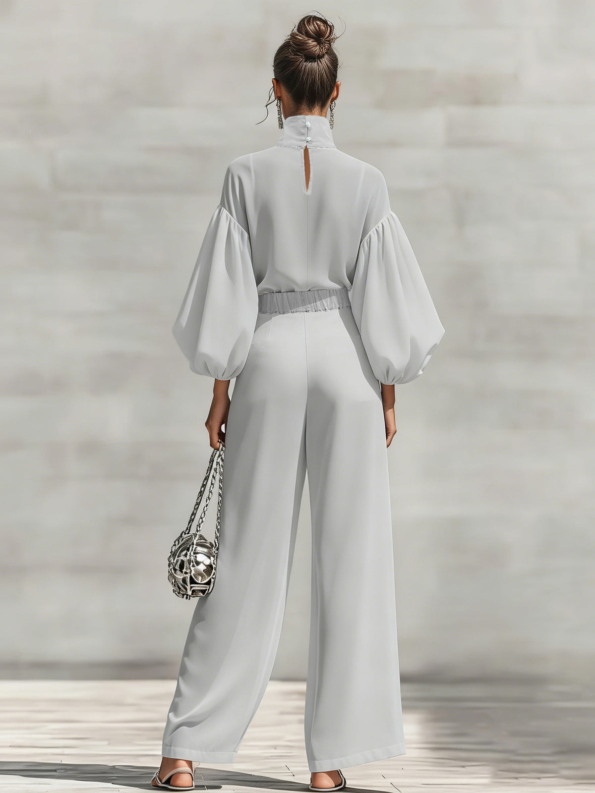 Chiffon Stand-up Collar Puff Sleeve High-waisted Draped Wide-leg Pants Two-piece Set