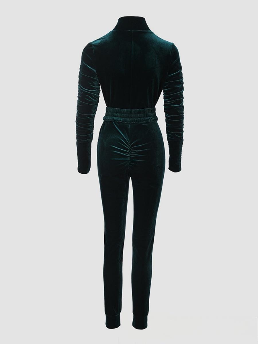 Velvet Zipper Metal Belt Jumpsuit