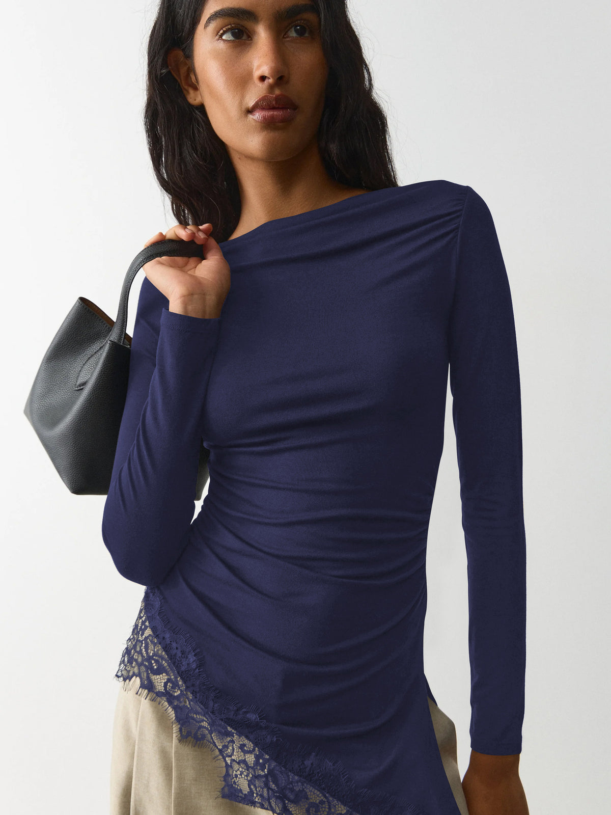 New Women's Simple Solid Color Design, Lace Trim And Slits At The Hem, Slim Fit Long Sleeve Top