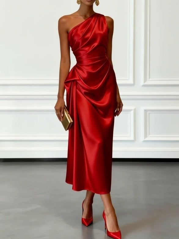 Off-the-shoulder Satin Pleated Maxi Dress
