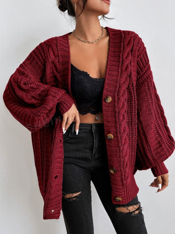 Loose Cable Knit Lantern Sleeve Cardigan