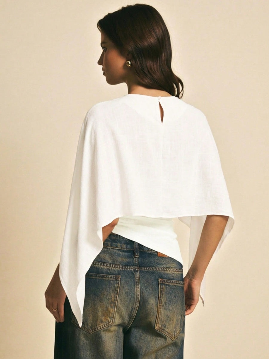 Cape-sleeve T-shirt, Round Neck, Loose Chiffon Cover-up, Elegant Irregular Top/T-shirt