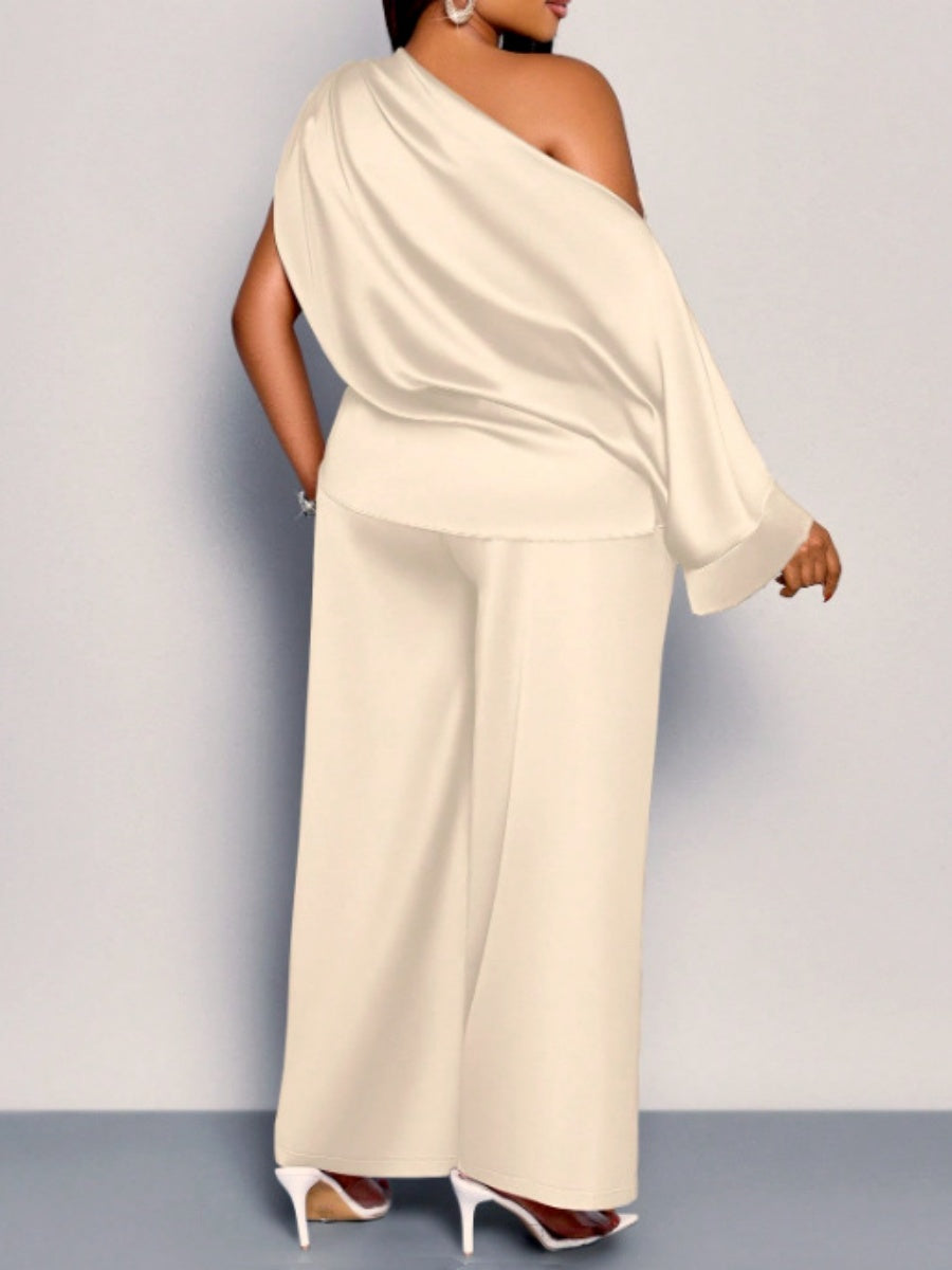 Satin Sloping Shoulders Short Sleeve TOP Wide-leg Pants 2-piece Sets
