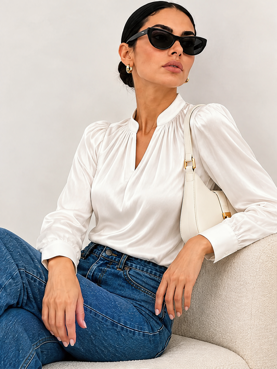 Satin Stand Collar Puff Sleeve Long Sleeve Blouse&Shirts
