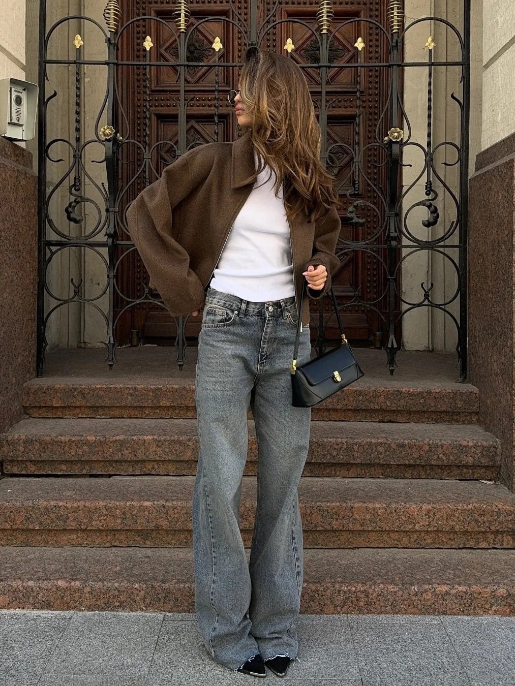 Vintage Distressed Brown Zip-up Long-sleeved Short Jacket