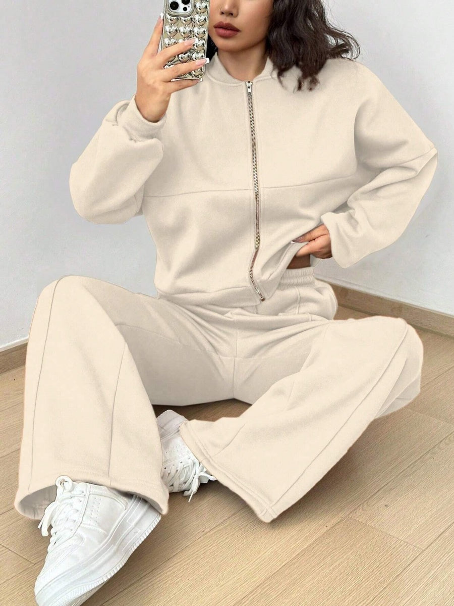 Sports And Leisure Solid Color Crew Neck Zipper 2-piece Sets