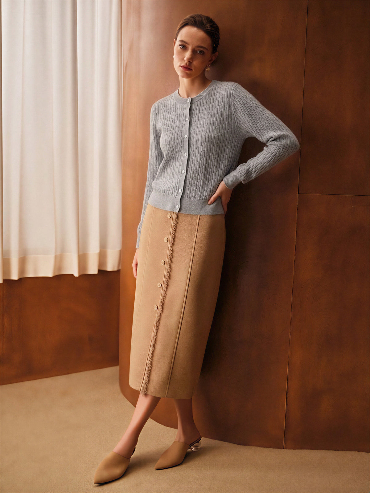 Wool Blend Cable Knit Crew Neck Single-breasted Cardigan