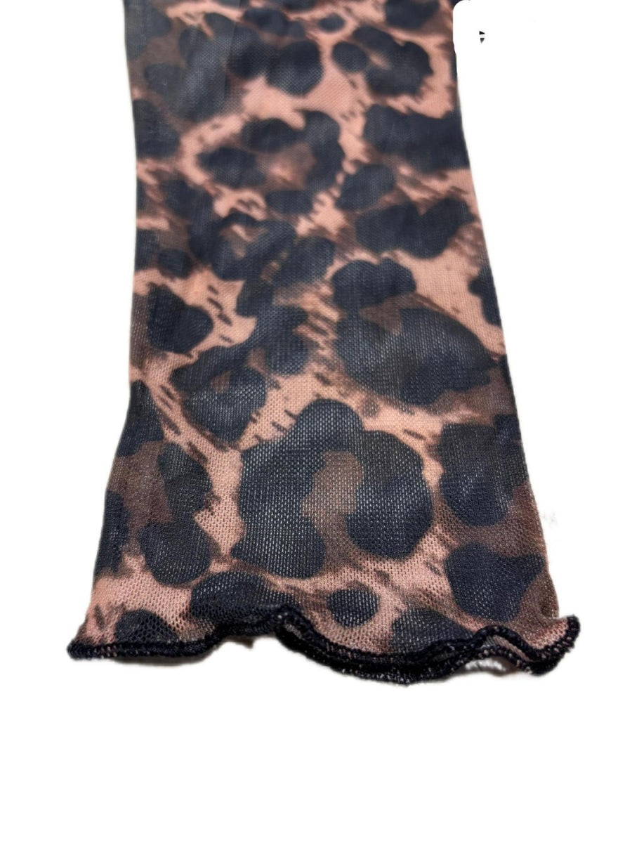 Leopard Mesh Printing Pleats Sexy Tight Fit Crew Neck Maxi Dresses