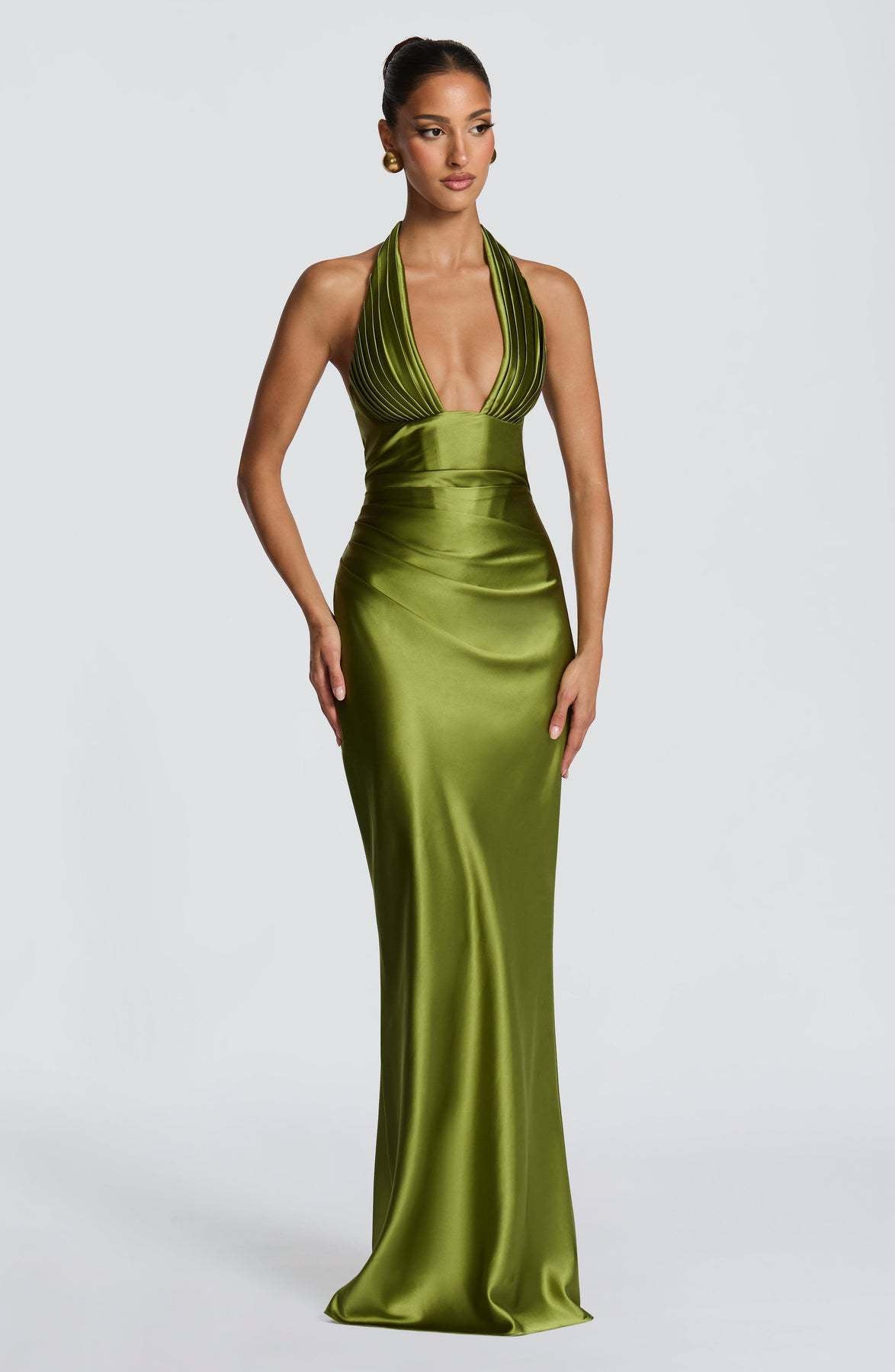 Halter Neck Deep V Long Dress With Pleats And Laces, Sexy Off-shoulder Design Maxi Dresses
