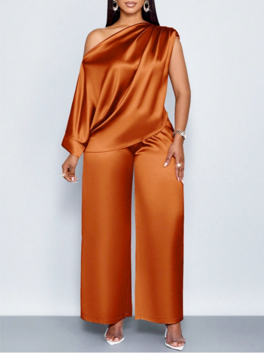 Satin Sloping Shoulders Short Sleeve TOP Wide-leg Pants 2-piece Sets