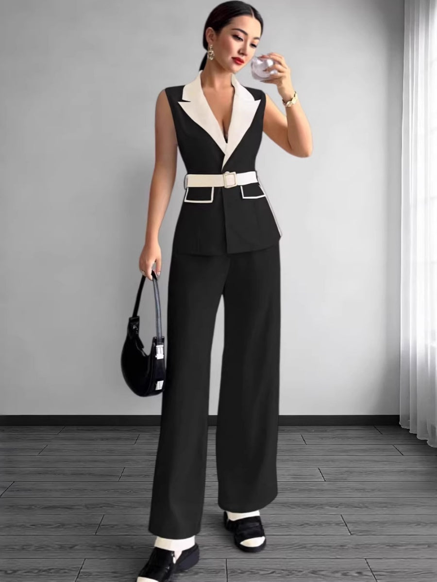 Straight-leg Trousers And Color-blocked Vest Two-piece Set